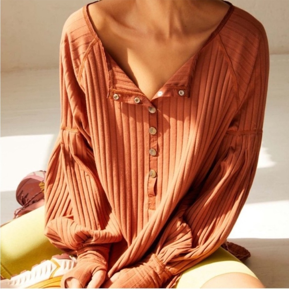 NWT Free People Movement Bella Layer Ribbed Henley Top Spiced Copper Generous XS
